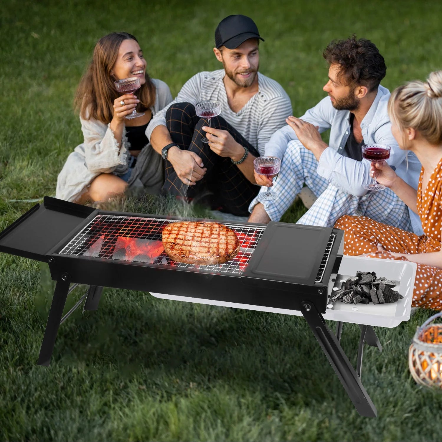 Portable BBQ Grill with Shelf, 34X9X12In Foldable Charcoal BBQ Grill with Stainless Steel Grill Net, Black