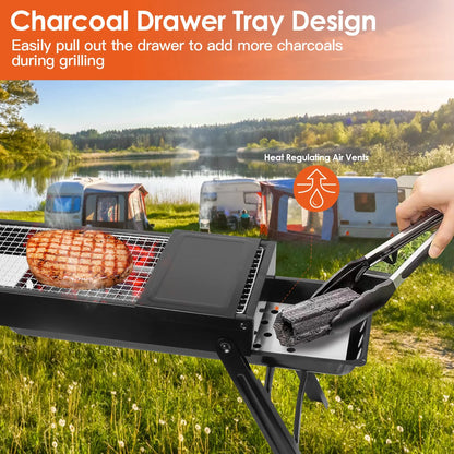 Portable BBQ Grill with Shelf, 34X9X12In Foldable Charcoal BBQ Grill with Stainless Steel Grill Net, Black