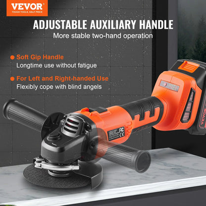 VEVOR Cordless Angle Grinder Kit, 4-1/2'' 9000Rpm Brushless Motor, 3 Variable Speed, Electric Grinder Power Tools with 20V 4.0Ah Battery & Fast Charger for Cutting, Polishing, Rust Removal