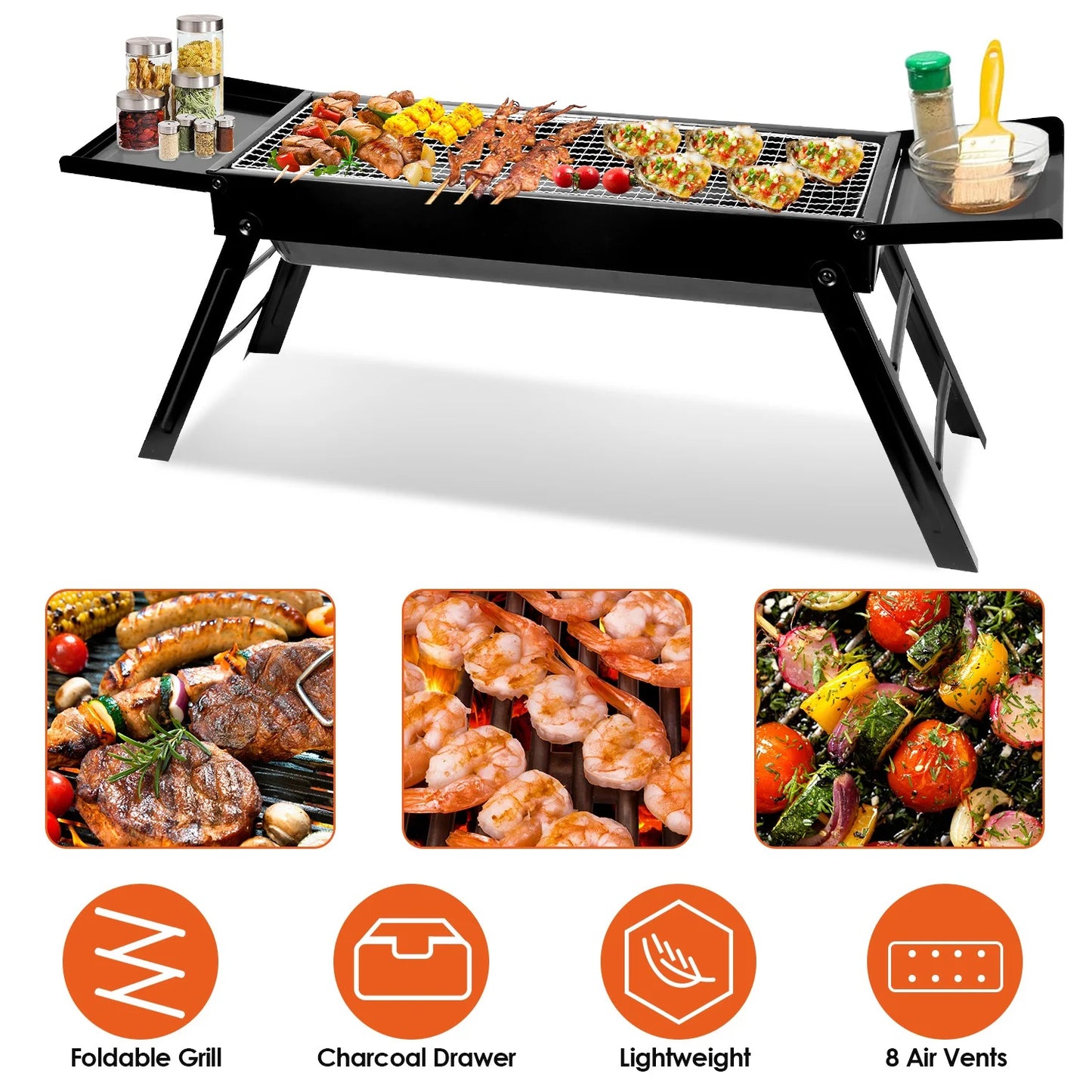 Portable BBQ Grill with Shelf, 34X9X12In Foldable Charcoal BBQ Grill with Stainless Steel Grill Net, Black