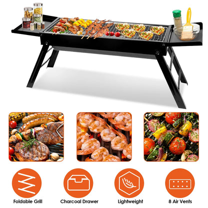 Portable BBQ Grill with Shelf, 34X9X12In Foldable Charcoal BBQ Grill with Stainless Steel Grill Net, Black