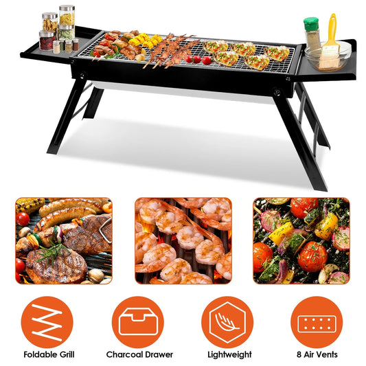 Portable BBQ Grill with Shelf, 34X9X12In Foldable Charcoal BBQ Grill with Stainless Steel Grill Net, Black