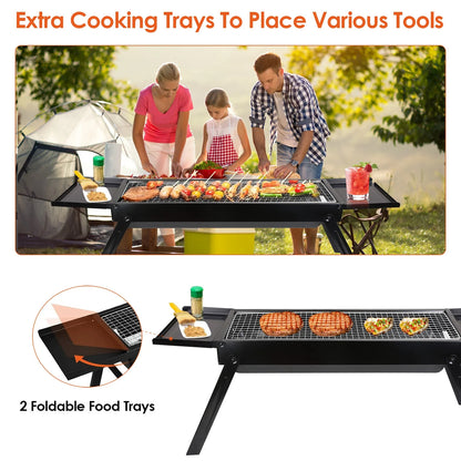 Portable BBQ Grill with Shelf, 34X9X12In Foldable Charcoal BBQ Grill with Stainless Steel Grill Net, Black