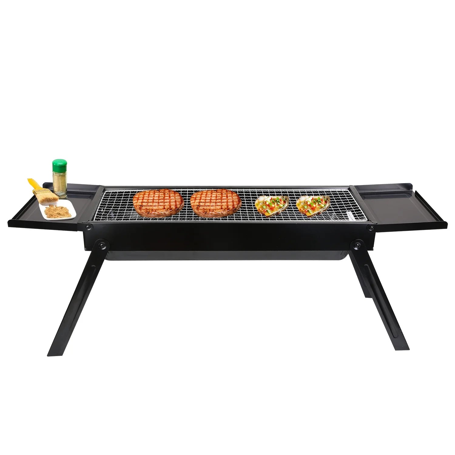 Portable BBQ Grill with Shelf, 34X9X12In Foldable Charcoal BBQ Grill with Stainless Steel Grill Net, Black