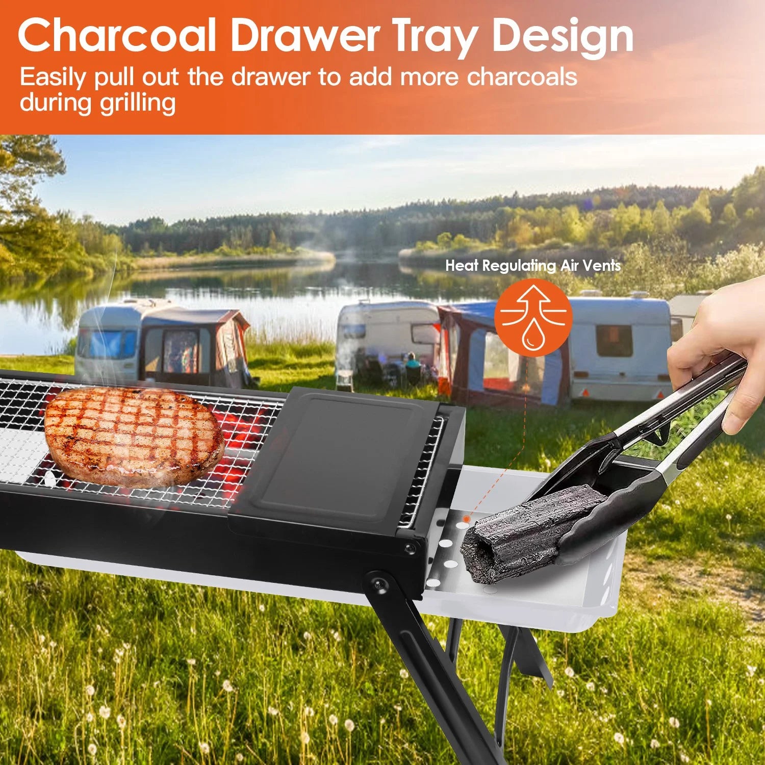 Portable BBQ Grill with Shelf, 34X9X12In Foldable Charcoal BBQ Grill with Stainless Steel Grill Net, Black