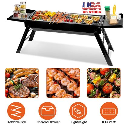 Portable BBQ Grill with Shelf, 34X9X12In Foldable Charcoal BBQ Grill with Stainless Steel Grill Net, Black