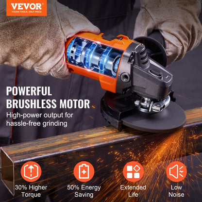 VEVOR Cordless Angle Grinder Kit, 4-1/2'' 9000Rpm Brushless Motor, 3 Variable Speed, Electric Grinder Power Tools with 20V 4.0Ah Battery & Fast Charger for Cutting, Polishing, Rust Removal