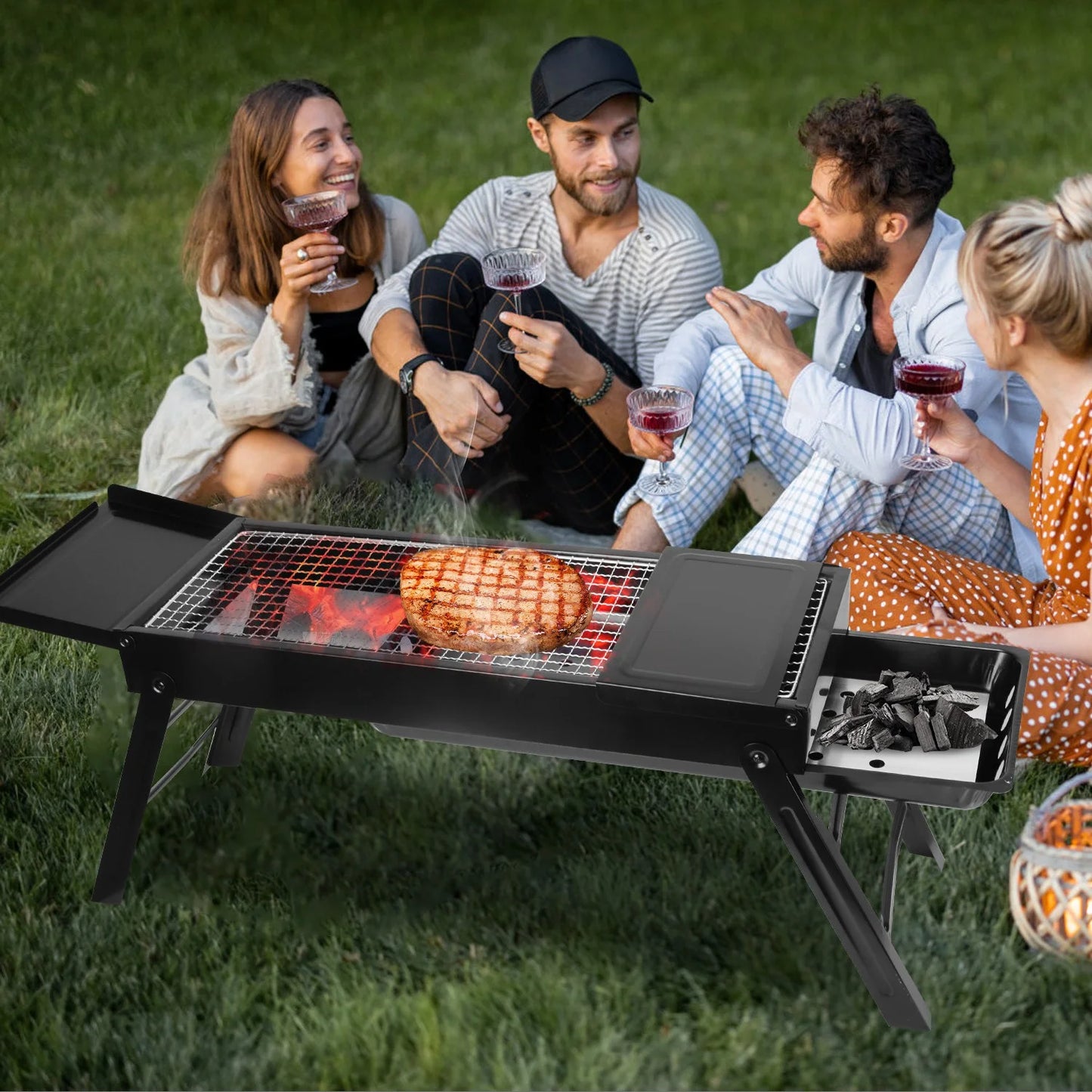 Portable BBQ Grill with Shelf, 34X9X12In Foldable Charcoal BBQ Grill with Stainless Steel Grill Net, Black