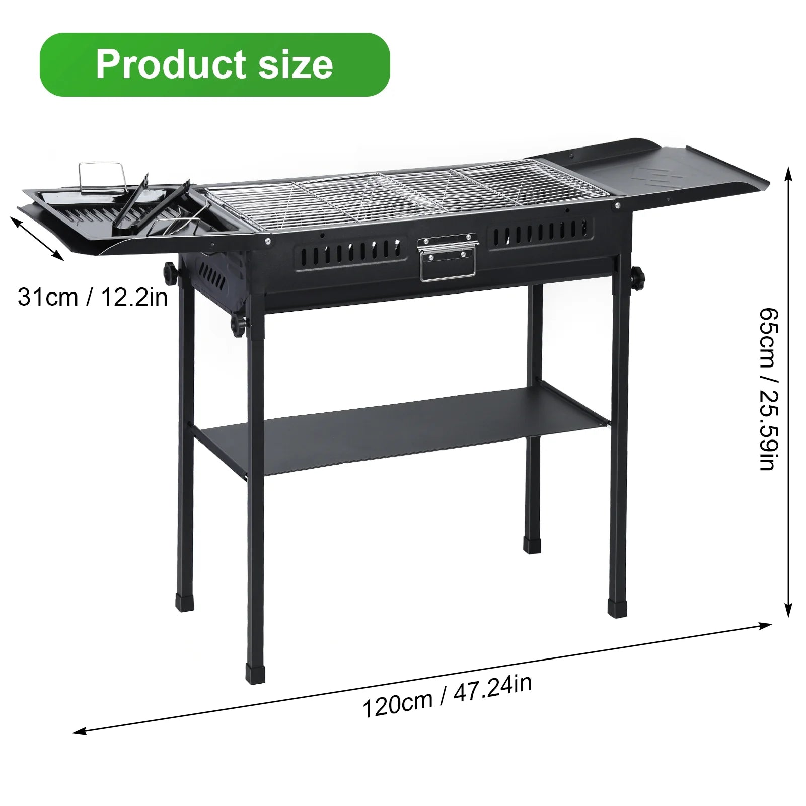 Charcoal Large BBQ Grill, Folded Side Board Camping Barbecue Grill for Garden Backyard Party Picnic Outdoor Cooking Use (47.28X25.61X25.61 Inch)