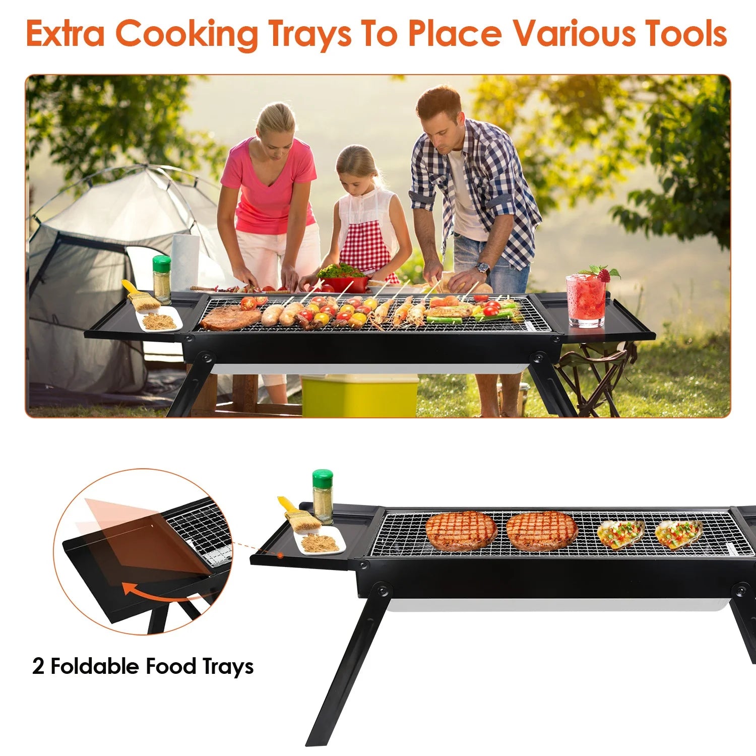 Portable BBQ Grill with Shelf, 34X9X12In Foldable Charcoal BBQ Grill with Stainless Steel Grill Net, Black